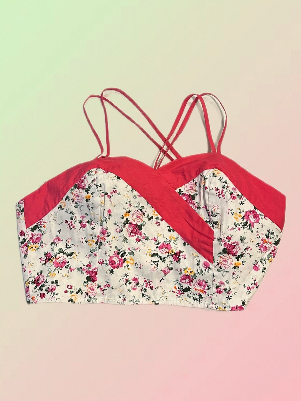 Unique Vintage Floral Cropped Too with Pink Trim and open tie back